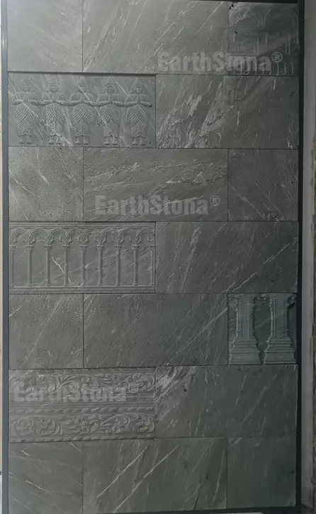 EarthStona Imperial Green Verde Heritage natural stone wall carving design with white rays and luxury texture